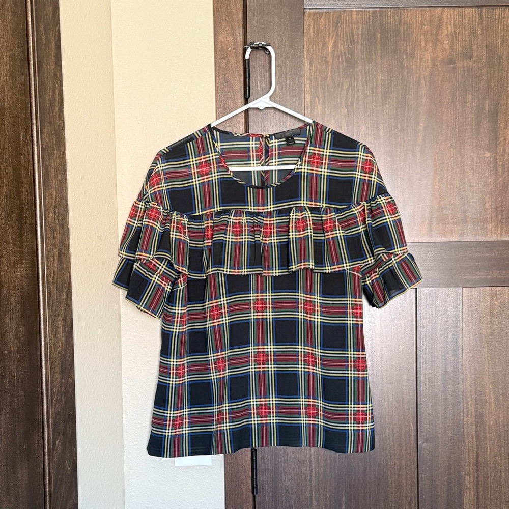 J. Crew Edie Stewart Tartan Plaid Ruffle Short Sleeve Blouse Size 10 - Picture 1 of 13